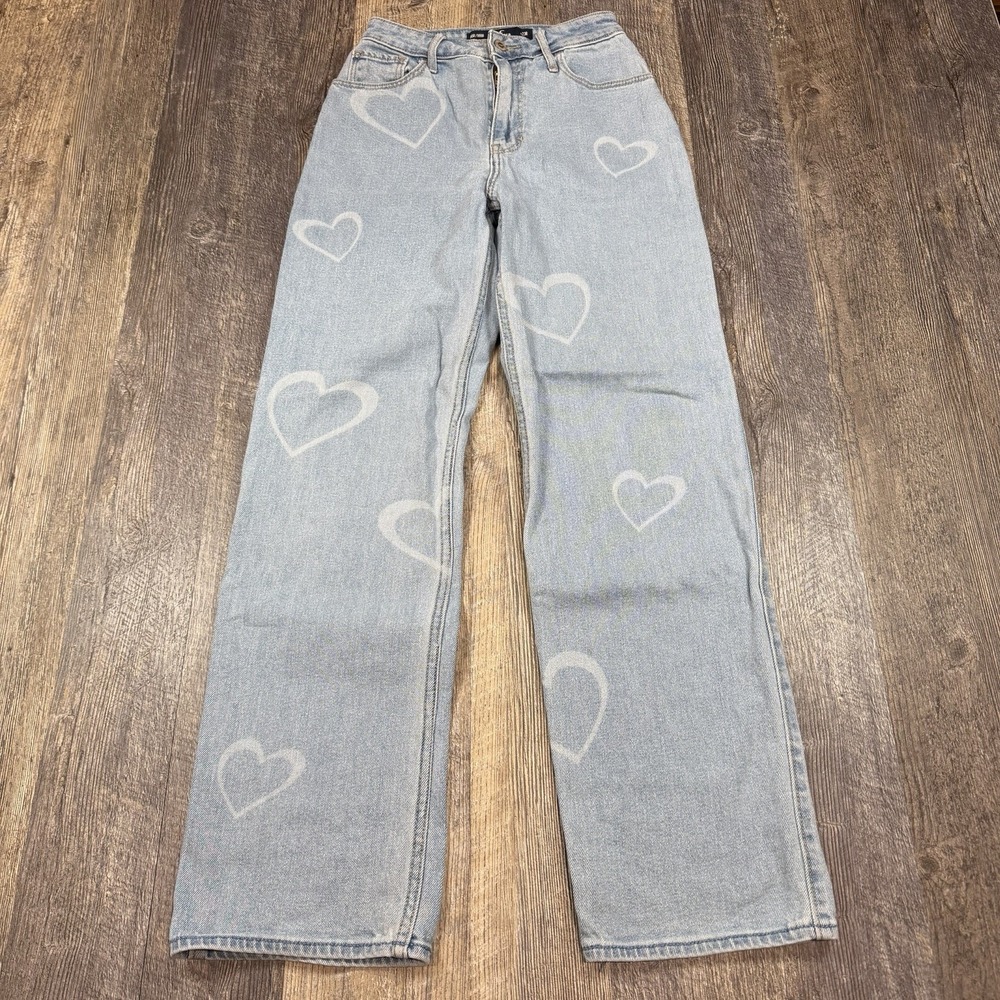 Hollister Ultra High‎ Rise Dad Jeans Womens 23R Light Wash Wide Leg Heart Print